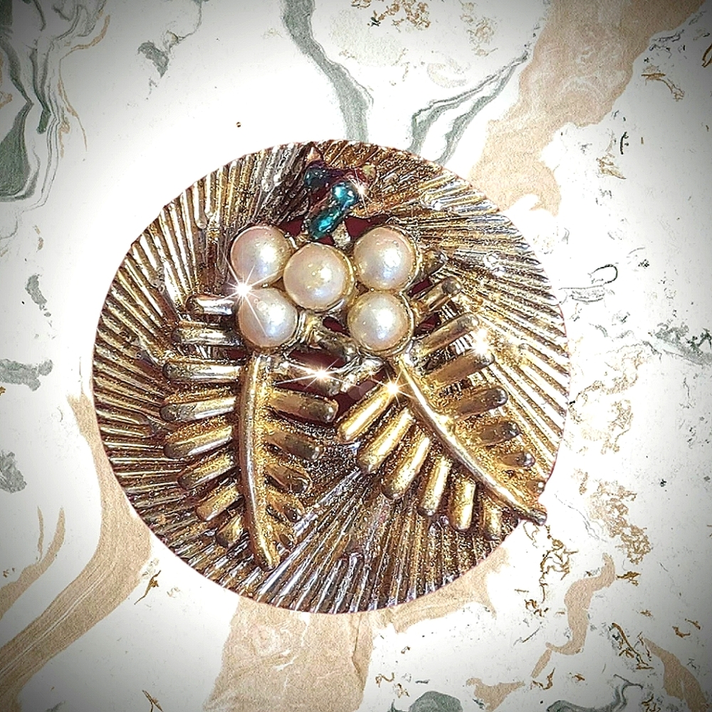Vintage Gold Leaves & Pearls Signed Brooch Coro